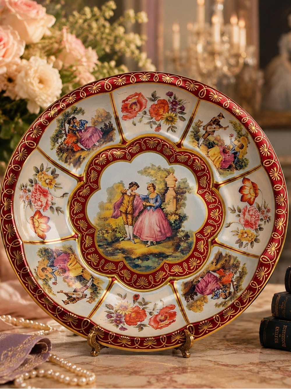 Vintage Daher England Decorative Tin Serving Tray Romantic Victorian Decor